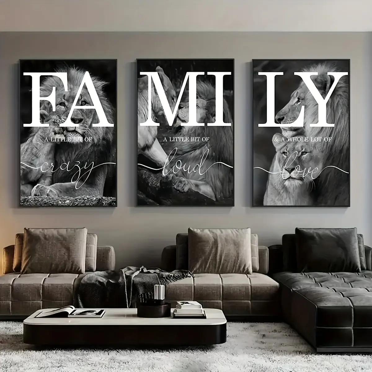 3 Pcs Glossy Frameless Waterproof Coating Lion Family Quotes Canvas Posters, Minimalist Animal Print Wall Art with Polka Dot Accents, Religious Day of the Dead & Kid Room Marble Home Decor for Living Room, Kitchen