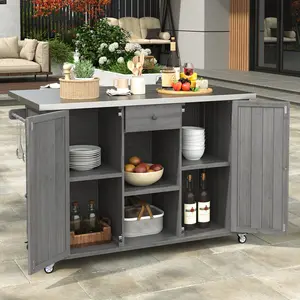 Eyisean Outdoor Kitchen Island, Fir Wood Grill Cart Island on Wheels with Stainless Steel Tabletop, Patio Kitchen Island Storage Cabinet with Spice, Towel Rack, Bottle Opener, for Grilling, Party