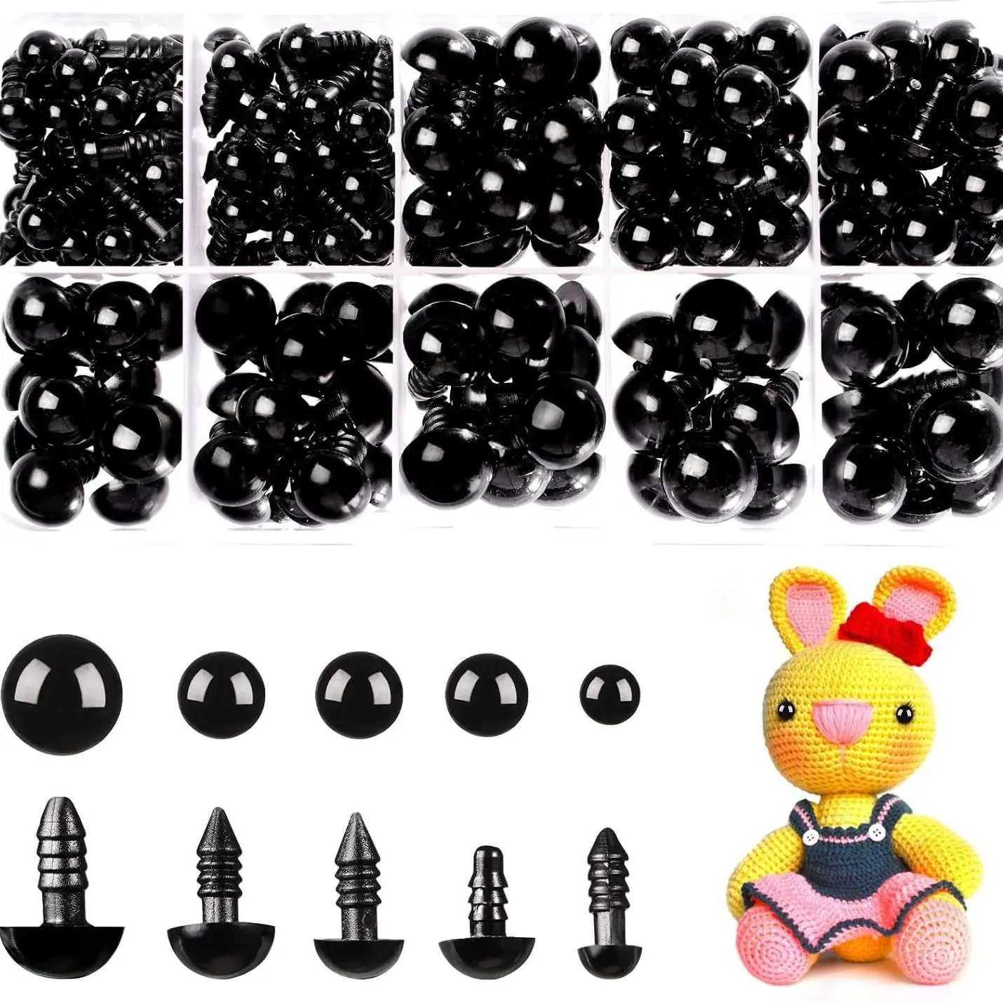 300 Piece Set 6mm-12mm Solid Eyes with 150 Washers, Ideal for DIY Plush Toys, Sewing Teddy Bears, Craft Supplies