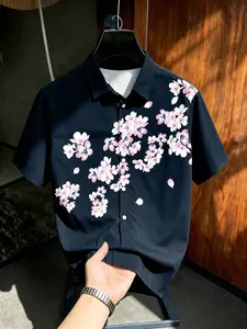 Men's Japanese Style Vacation Short Sleeve Shirt, Breathable Flowy Fabric, Romantic Cherry Blossom Print, Casual Beachwear, Button-Down Design