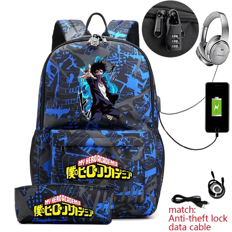 My Hero Academia Anime Print School Backpack Anti-Theft Student Bookbag with Pencil Case for Boys and Girls