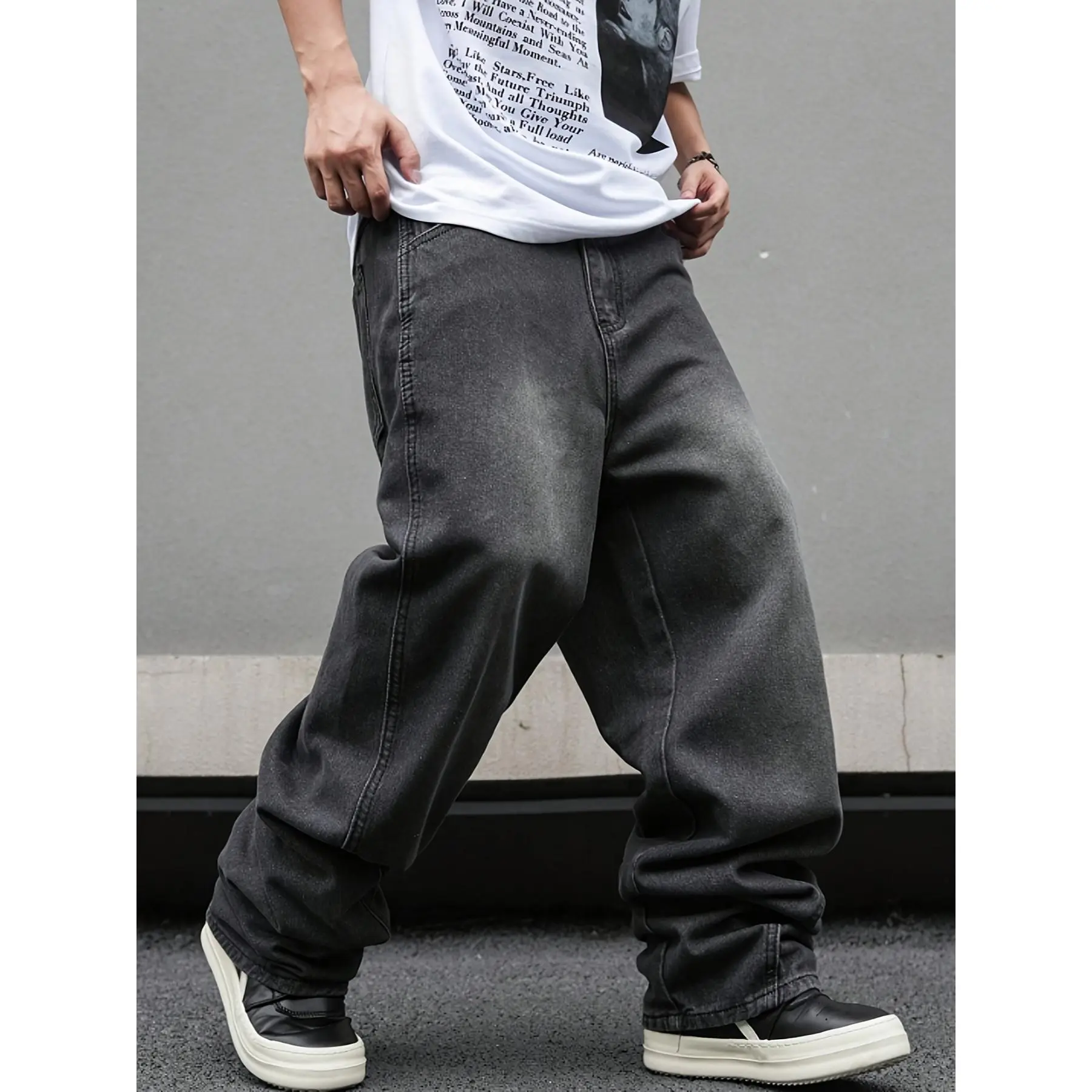 Men's Plain Denim Trousers in a Retro Style, featuring a Pleated Loose Straight Wide-Leg Fit for Casual Streetwear, Cotton