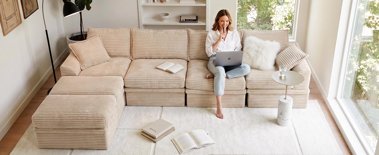 Beige 107in U-Shaped Modular Sectional Couch - 3-Seater Boneless Floor Sofa, The Cloud Couch, Cloud Sectional, Deep Seat Corduroy Sofas Living Room, Hidden Storage, Movable Ottomans, High Back Support, No Assembly, 2-Pack Ship, Curved Indoor Furniture