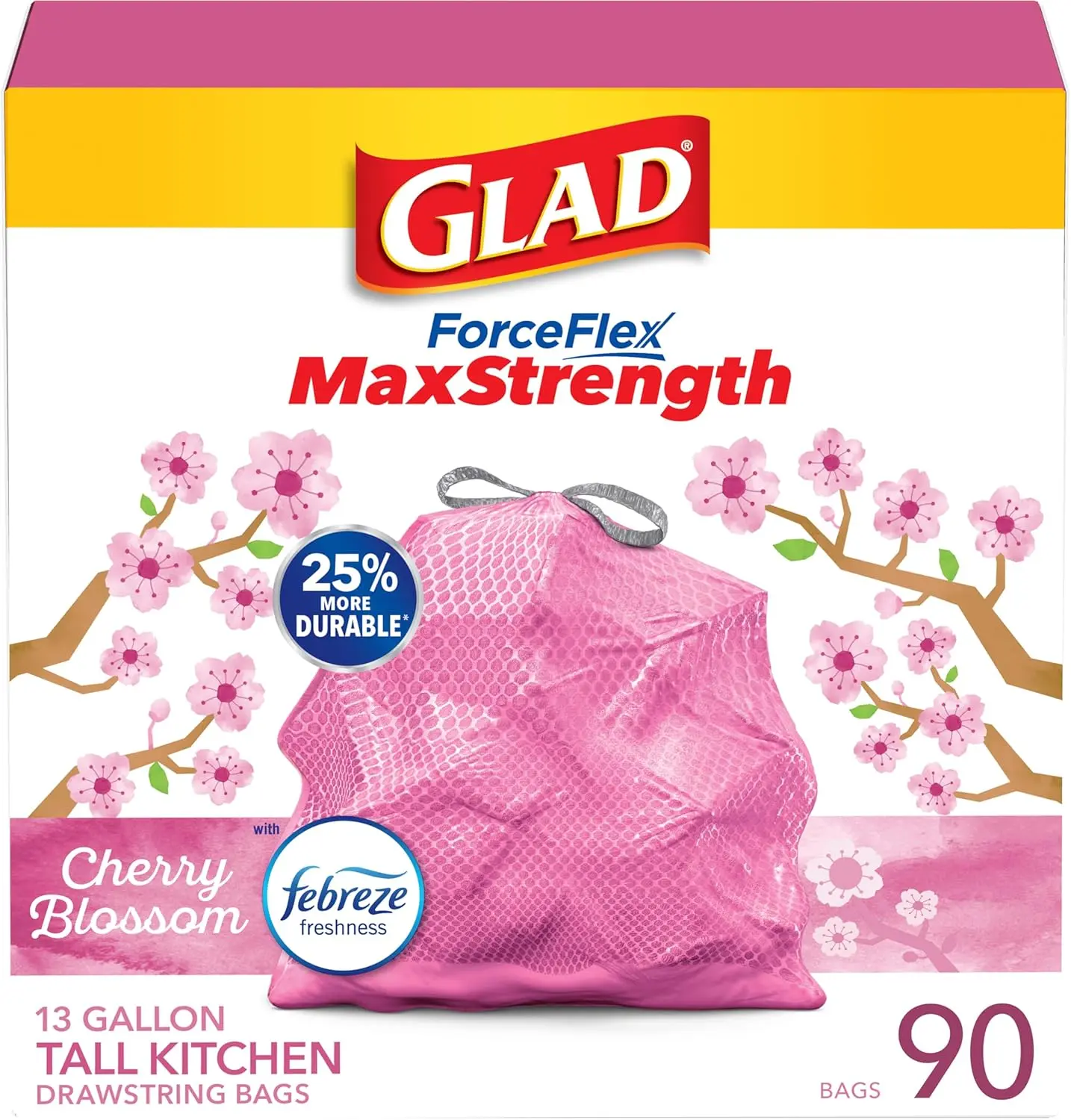 Glad ForceFlex MaxStrength Tall Kitchen Trash Bags, Rip and Tear Resistant, Cherry Blossoms Scented Pink Tall Garbage Bags, Odor Control, Febreze Freshness, 13 Gallon, 90 Count
