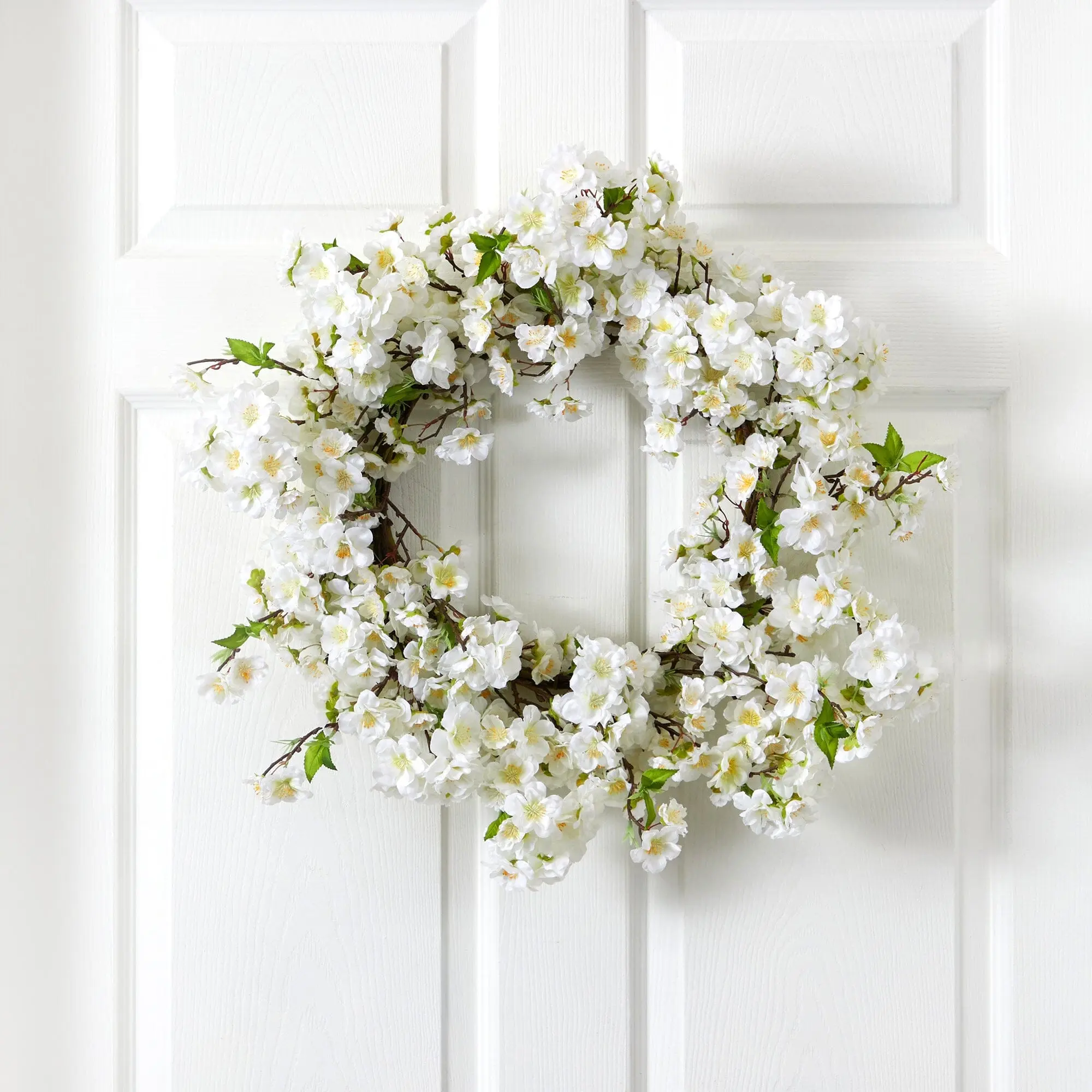 24-in White Cherry Silk Flowers Wreath with Flower Design, Cheerful Floral Arrangement Centerpiece, Hanging Decor for Home & Door Accents