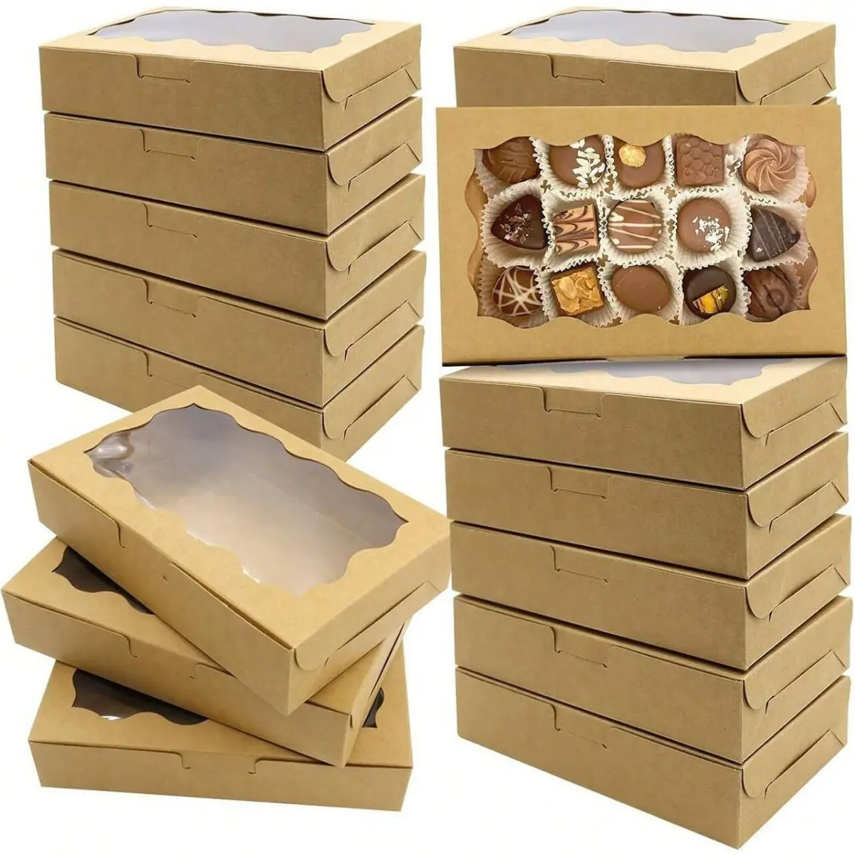 50 Pack Kraft Paper Baking Boxes with Transparent Window, Small Cookie Cake Candy Storage Containers for Baked Goods, Perfect for Weddings Birthdays Christmas