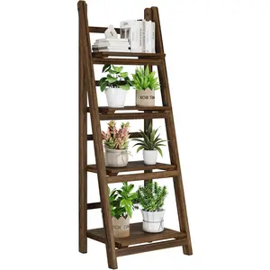 Ladder Shelves - Folding Wooden Ladder Bookshelf, 4-Tier Retro Plant Stand Storage Shelves for Home Living Room, Brown