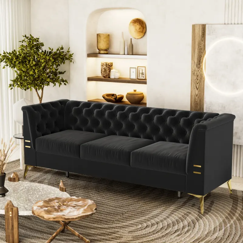 [SOIYELIFE] (SOFA) Luxurious Black Velvet Sofa with Gold Legs - Modern Chesterfield Design, Tufted Upholstery, 3-Seat Couch for Living Room and Office Unique furniture couches