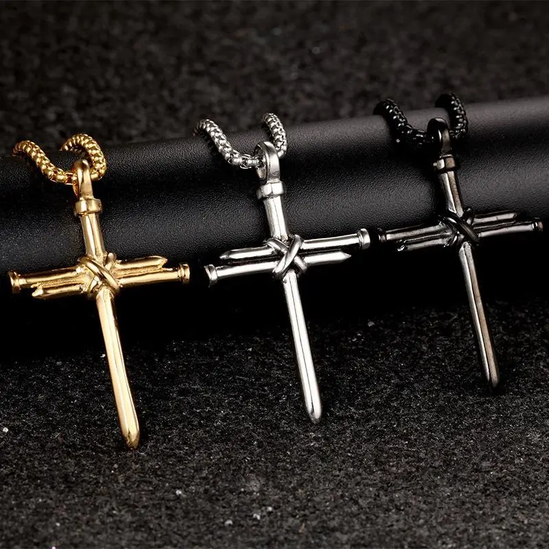 Steel/ Gold/Black/Color Fashion Iron Nail stainless steel Cross Pendant Necklace 3mm Round Box Chain Jewelry Gift For Men
