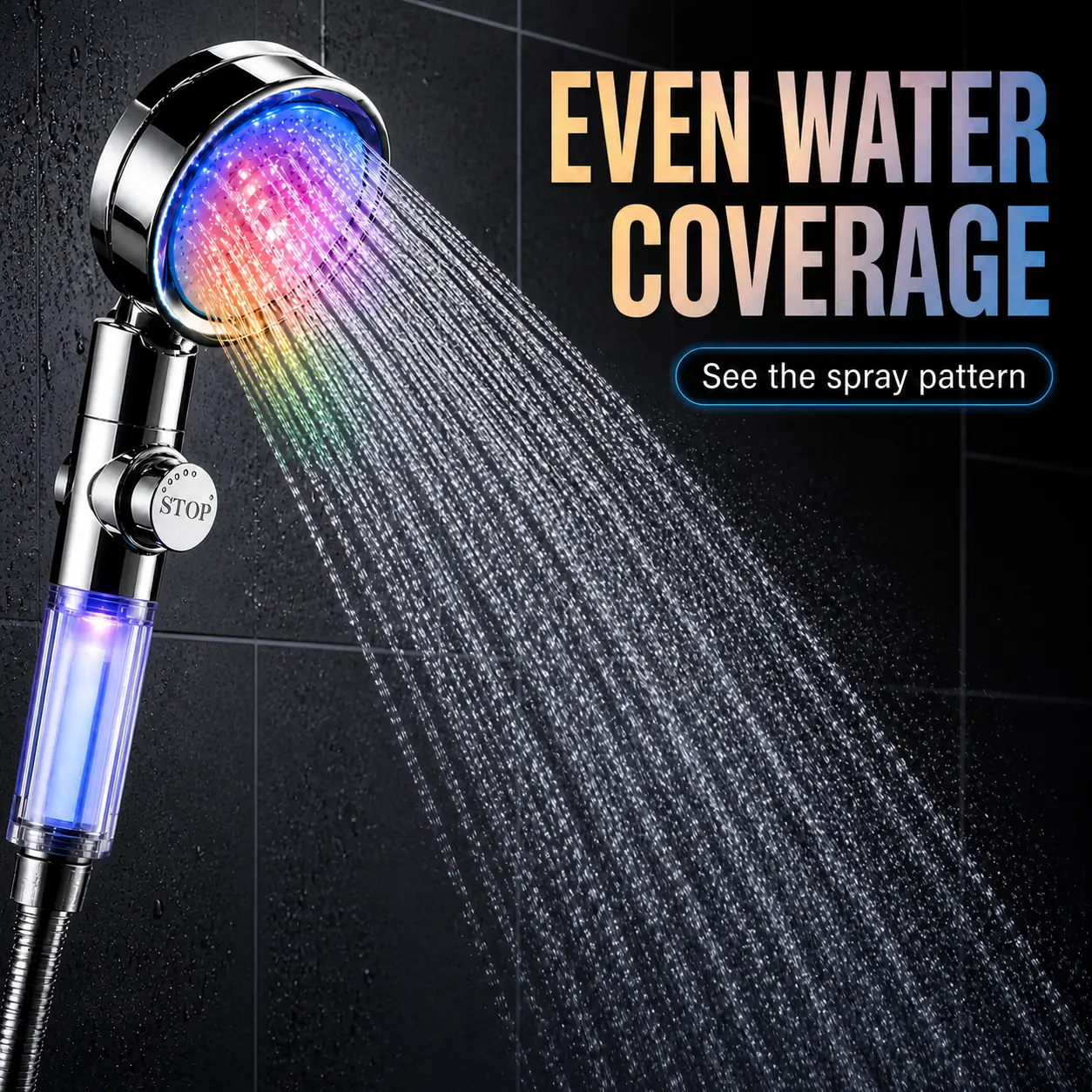 7 Color LED Water-Powered High Pressure Handheld Shower Head with Filter, Self-Powered Color Changing Lights, Water Purifying System, 1-Button Stop Switch, Chrome Finish, High Flow, Head Attachment Showerheads & Handheld Showers, High Flow Shower Head