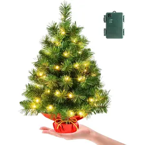 Pre-lit 2ft Small Christmas Tree,  Artificial mini Christmas Tree with 50 LED Lights,  Operated Tabletop Xmas Tree with Burlap Base for Table Desk  Christmas Decor