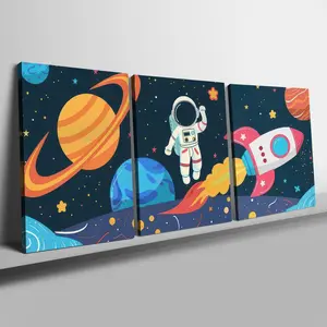 Space Themed Astronaut & Rocket Pattern Canvas Painting with Frame, 3 Counts/set Colorful Wall Art, Wall Decor for Home Living Room Bedroom, Ornaments