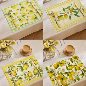 Modern Summer Lemon Table Placemat with Water Buffalo Check Pattern, Durable Art Print for Holiday Parties Coffee Tables Dining Room Home Decor, Available in 1pcs 4pcs 6pcs