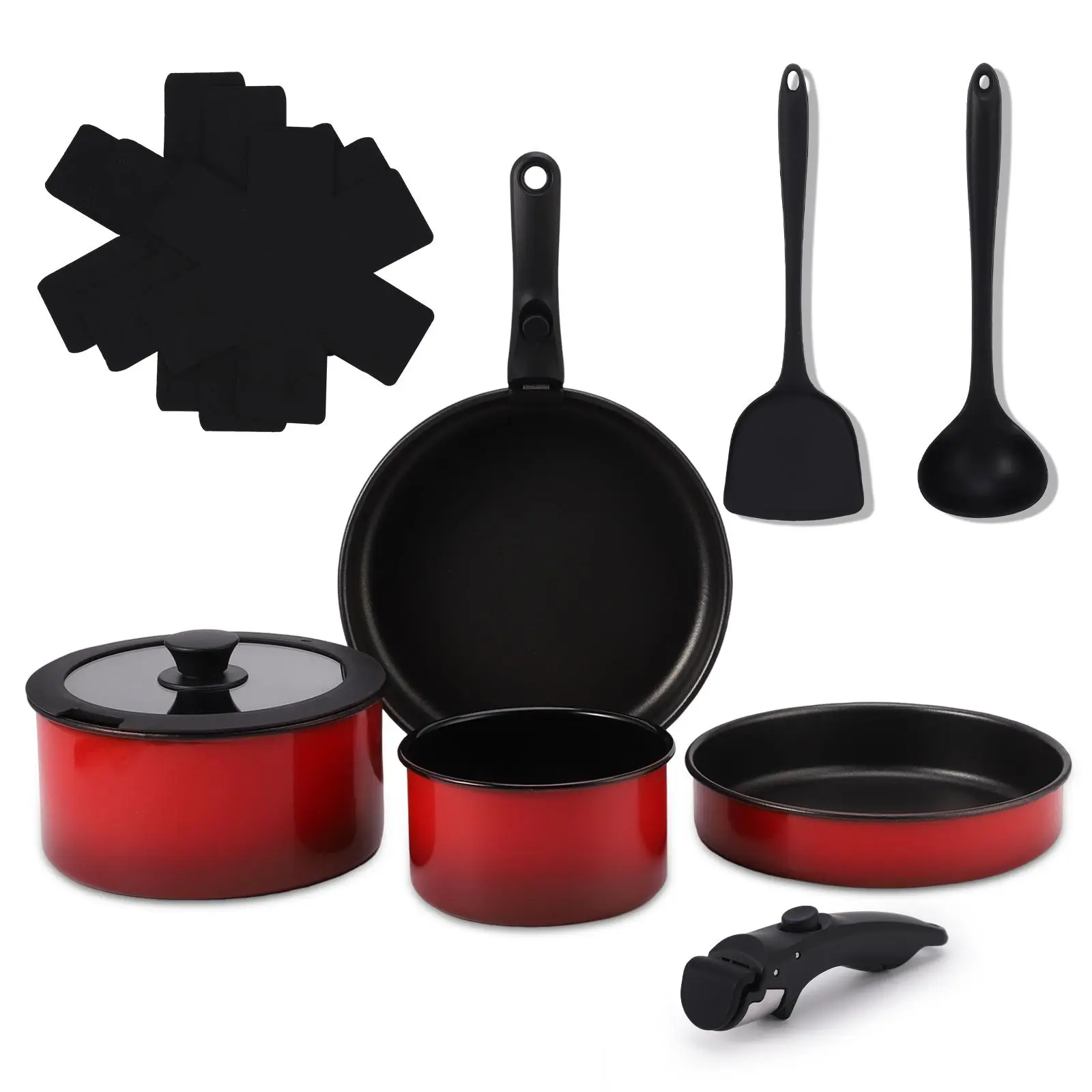 11-Piece Non Stick Ceramic Cookware Set with Dutch Oven, PFAS & PFOA Free Enameled Iron Pots and Pans with Detachable Handle, Oven & Induction Safe, Grey Aluminium Frying Stove Non Sticky Set Skillet Set pan