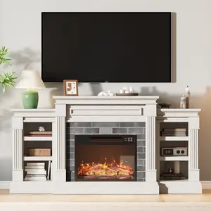 Farmhouse Entertainment Center with Mantel and Cabinets, 70" Fireplace TV Stand, Farmhouse Entertainment Center with Mantel and Cabinets, Modern Media Console Table with LED Flame and Lights for Living Room
