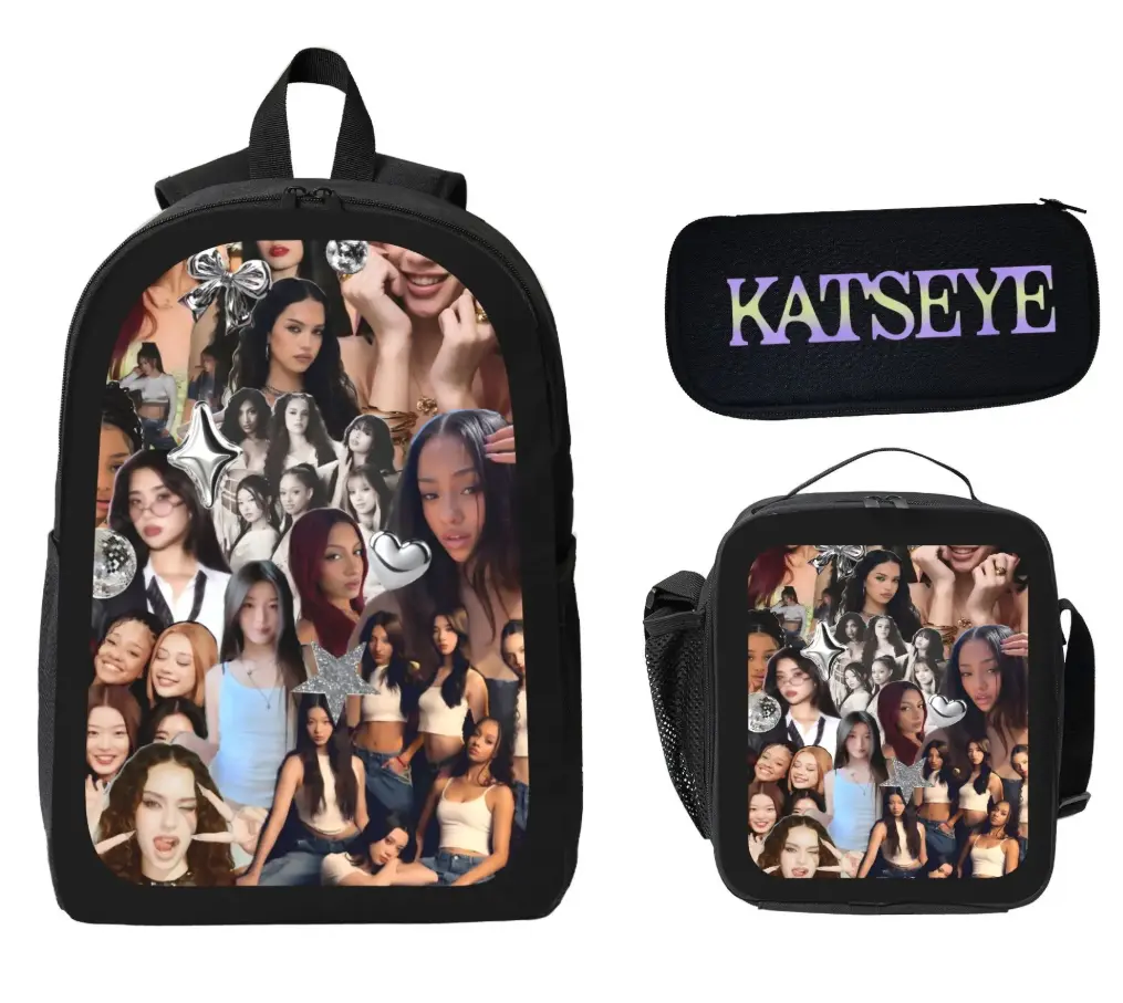 KATSEYE Patchwork Cat Eye Backpack Set - Stylish Insulated Lunch Bag, Gradient Pencil Case for Students, Functional Luggage & Bags School Gear