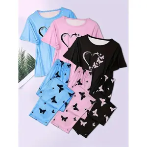 Women’s heart-shaped butterfly print pajama set, women’s comfortable T-shirt and elastic pants set, women’s all-season home pajamas