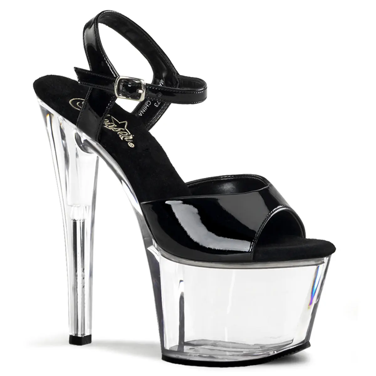 Pleaser Women's Sky-309 Ankle Strap High Heel Sandals, Black & Transparent PVC Platform Footwear with 7" Stiletto Heel, Elegant, Stylish, Daring 7-Inch Heel