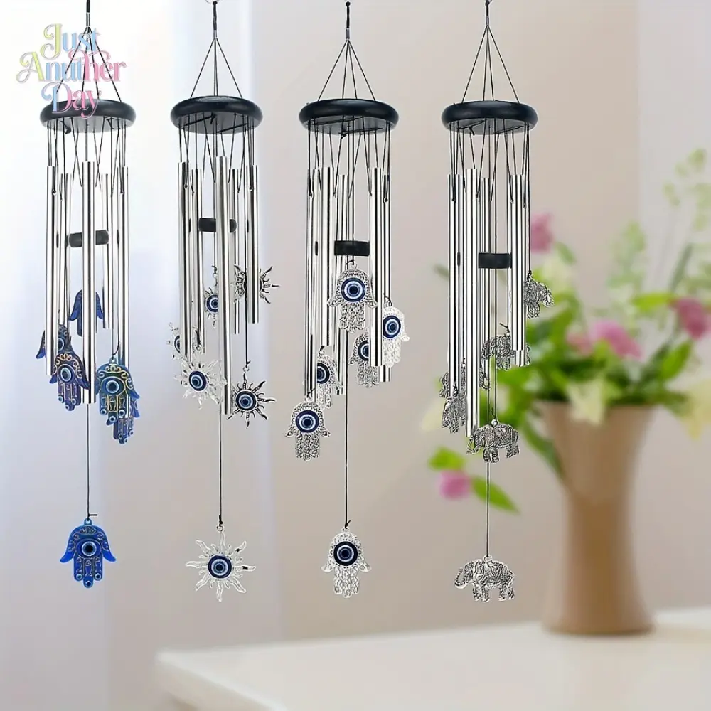 Evil Eye Wind Chimes with 5 Metal Tubes, Hamsa Hand & Elephant Design, Turkish Nazar Charm Hanging Ornament for Home Door Patio Balcony, Good Luck Protection Decor