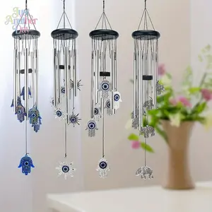 Evil Eye Wind Chimes with 5 Metal Tubes, Hamsa Hand & Elephant Design, Turkish Nazar Charm Hanging Ornament for Home Door Patio Balcony, Good Luck Protection Decor