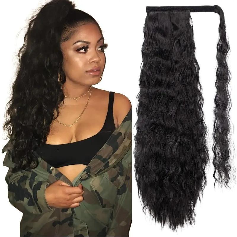 RIVERWOOD Wrap Around Ponytail Extension Human Hair 70% And 30% Heat-Resistant Synthetic Fiber 120g High Elasticity Kimky Curly Water Wave Bubber Band Secure Styling