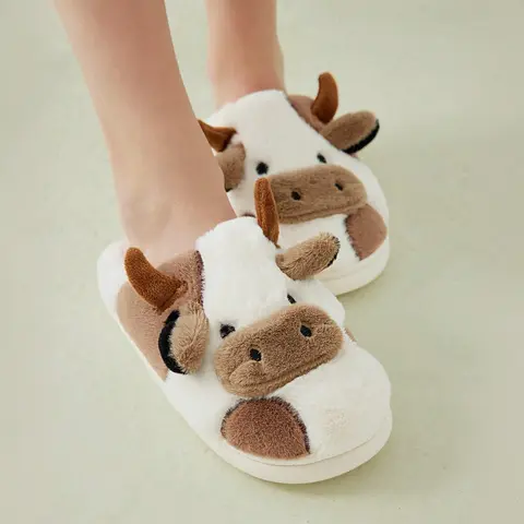 Cartoon Cow Cotton Slippers, Cute Cozy Fuzzy Animal Slippers, Winter Indoor Outdoor Snow House Slippers for Women