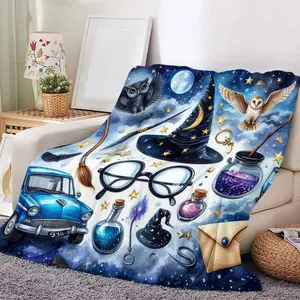 Soft Funny Throw Blanket Cute Preppy Style Flannel Wizard Theme Digital Print Warm Multipurpose All-Season Cozy Sofa Bed Office Travel Nap Blanket Fabric