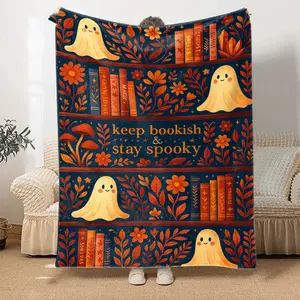 1pc Cozy Halloween Blanket with Cute Ghosts & Bookish Design - Soft Flannel Throw for Spooky Reading Nights, Perfect Gift for Book Lovers, Autumn Relaxation at Home or Office, All-Season Use, Halloween Decorations