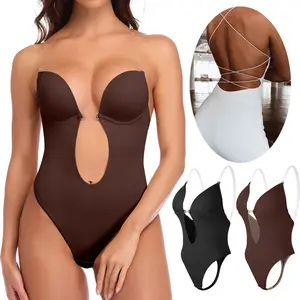 【New Arrivals】U Plunge Backless Shapewear Bodysuit for Women With Built-In Bra Cup  Invisible Shaping Corset Bodysuit Underwear for Wedding Party Upgraded, 5 Colors Choose Minimalist Brown Nylon Vneck Lingerie Womenswear Basic Black