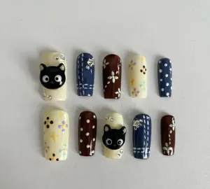 Chococat Press On Nails Set 3D Cat Charm Denim Polka Dot Floral Rhinestone Handmade Nails for Beaches, Summer, Holiday, Vacation, Birthday