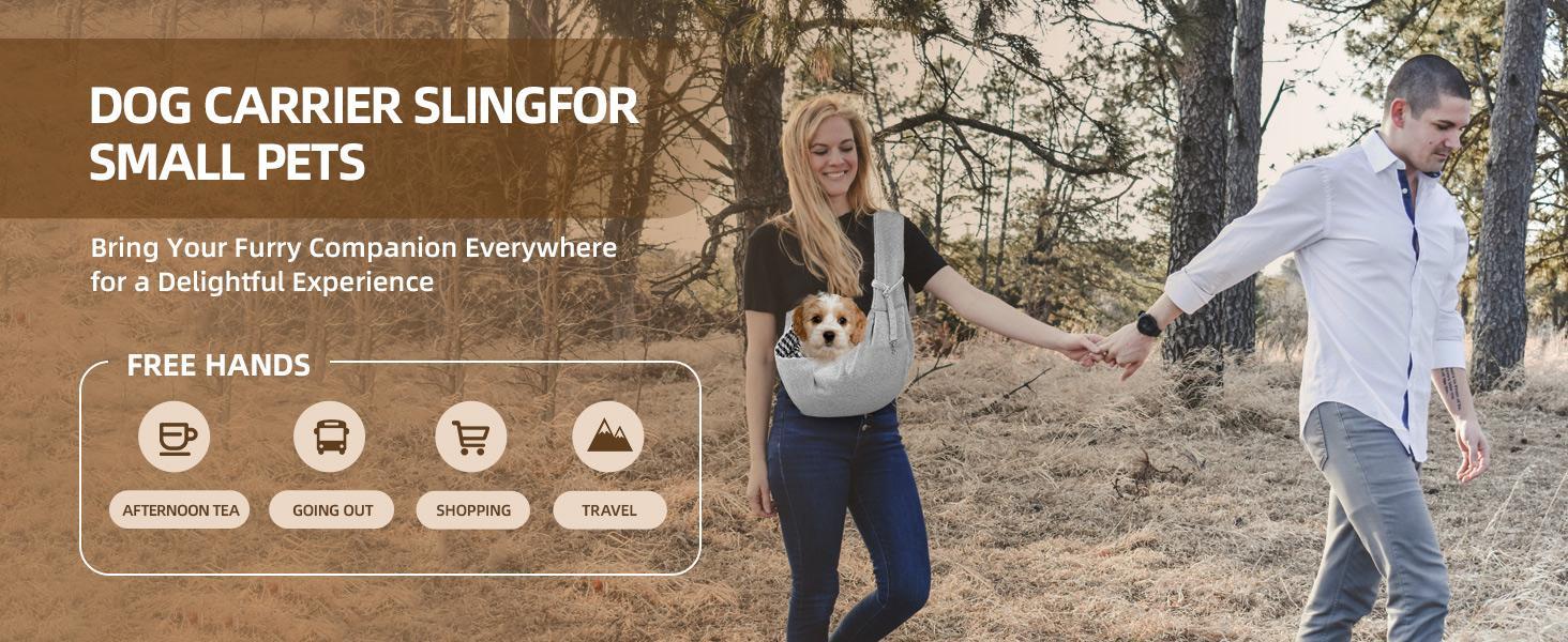 Small Dog Sling Carrier Soft-sided crossbody puppy carrying bag, adjustable sling pet pouch suitable for medium dogs or cats while traveling. Breathable design with built-in poop bag dispenser, supports up to 15 lbs