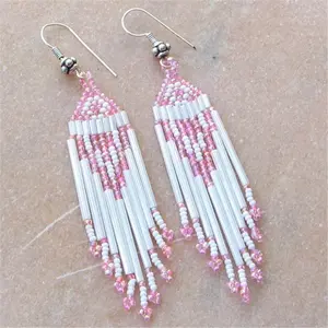 PINK WHITE BUGLE SEED BEADS HANDMADE CHANDELIER BEADED EARRINGS E15/20