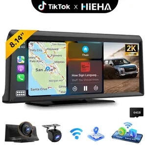 【Hieha】Wireless CarPlay Screen with 2K Dash Cam, 8.14" Portable Touchscreen Car Stereo with CarPlay & Android Auto, 1080P Backup Camera, Voice Control, Bluetooth, Mirror Link, GPS Navigation Car Video Players Car Media Player