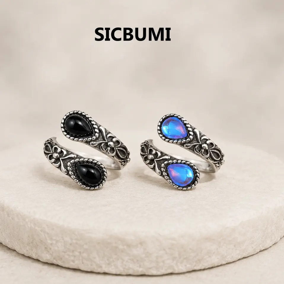 SICBUMI Silver Vintage Moonstone Ring for Women & Men, Retro Flower Design, Everyday Jewelry, Birthday & Mother's Day Gift