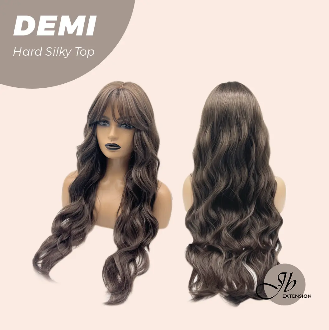 JBEXTENSION 28 Inches Scalpiana Body Wave Cold Brown 3.5X4 Hard Silky Top Natural Scalp Effect Wig with Bangs DEMI