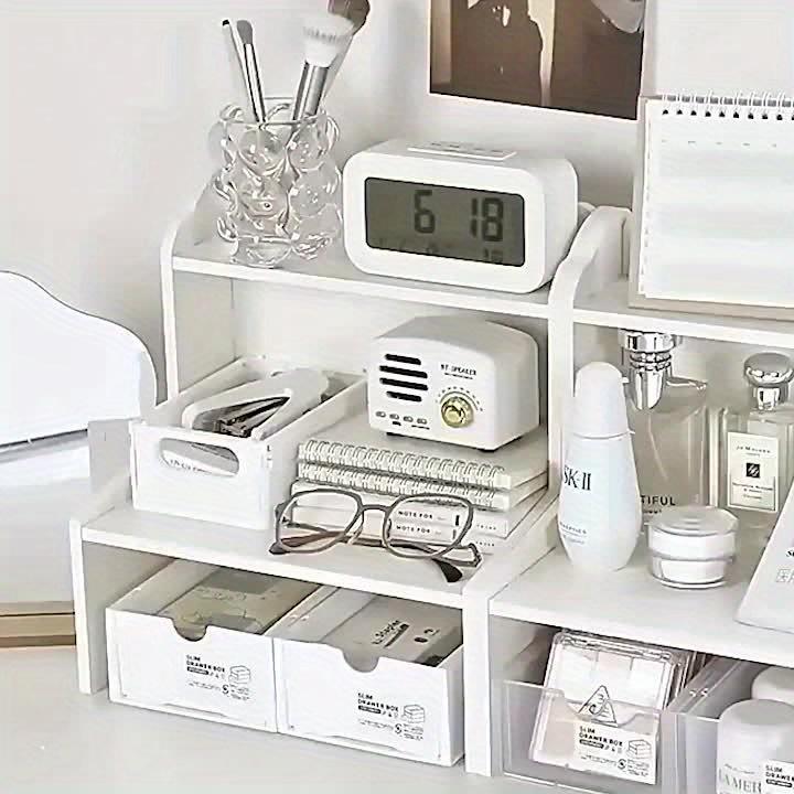 Minimalist White Desktop Organizer Shelf – Multi-Use Storage Rack for Books, Cosmetics & Office Supplies, Space-Saving Desk Organizer for Dorm, Bedroom & Home Office Minimalist White Desktop Organizer Shelf – Multi-Use Storage Rack for Books, Cosmetics & Office Supplies, Space-Saving Desk Organizer for Dorm, Bedroom & Home Office