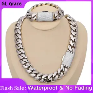 Silver Miami Cuban Link Chain Set with Diamonds – Necklace (16-30”) & Bracelet (7.5-8.5”), Bold 8-22mm Width, Perfect for Men & Women