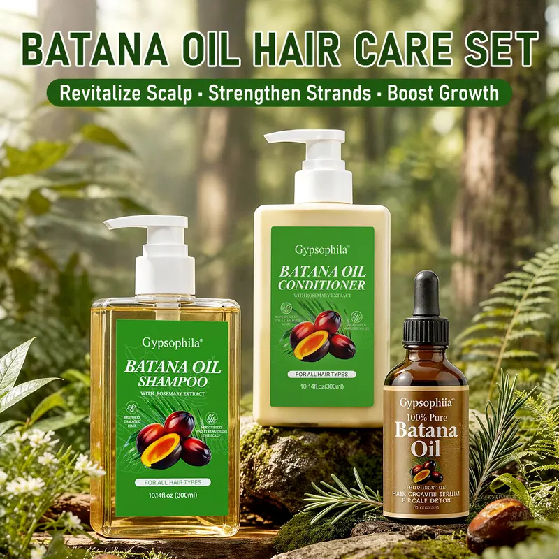 Gypsophila Batana Oil 3-in-1 Rosemary Haircare Kit - Cleanser Shampoo and Conditioner, Pure Oil Hair Growth Products, Gentle Daily Formula to Reduce Loss, Repair Damaged Strands, Tame Frizz, Smooth, Nourish