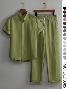 Men's Summer Striped Short Sleeve Shirt & Casual Long Pants Set, Loose Fit for Daily Commute, Vacation, Light Formal Occasions