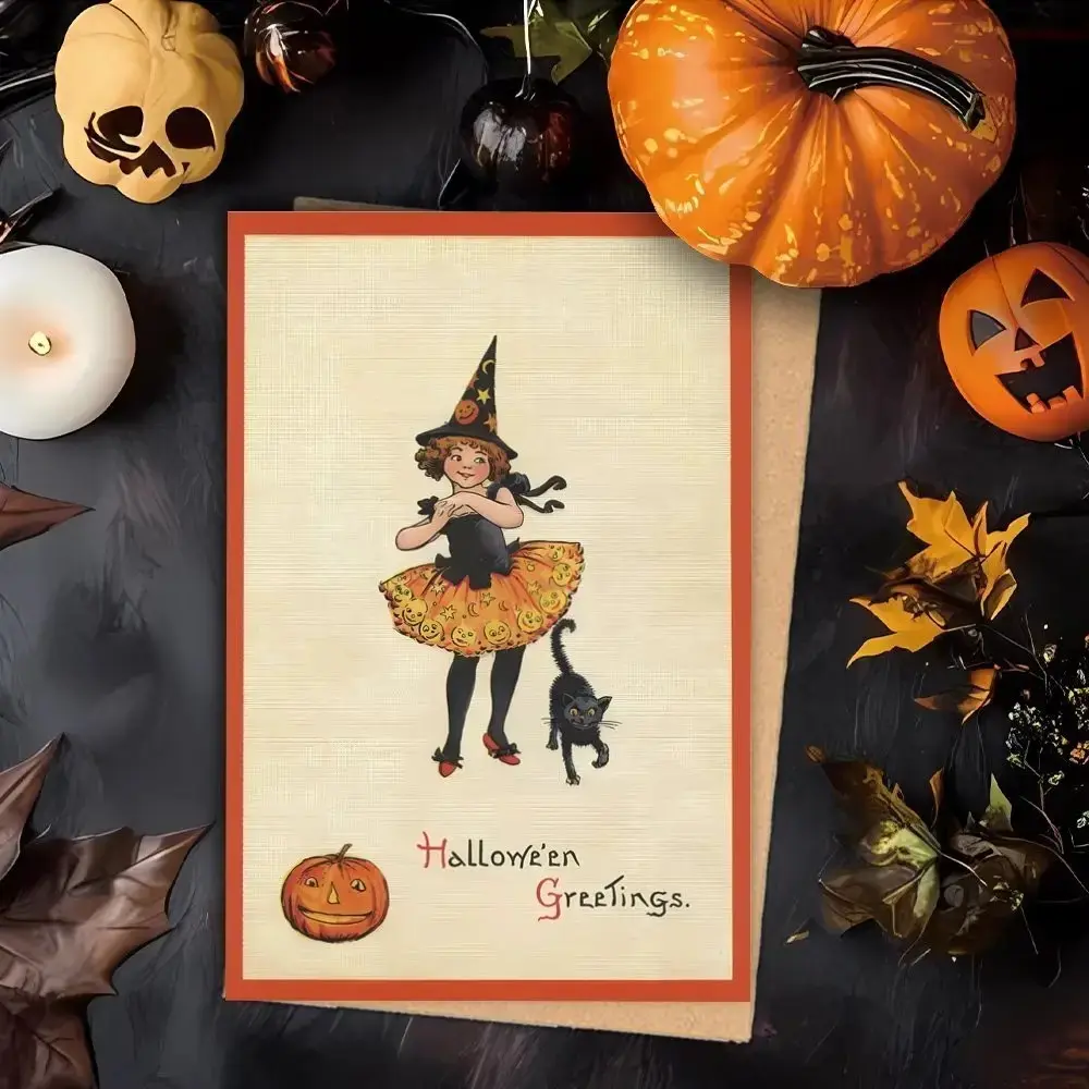Pumpkin Head Cat Halloween Card, Retro Witch Greeting Card, Spooky Halloween Card with Envelope, Halloween Card for Friends, Family & Party
