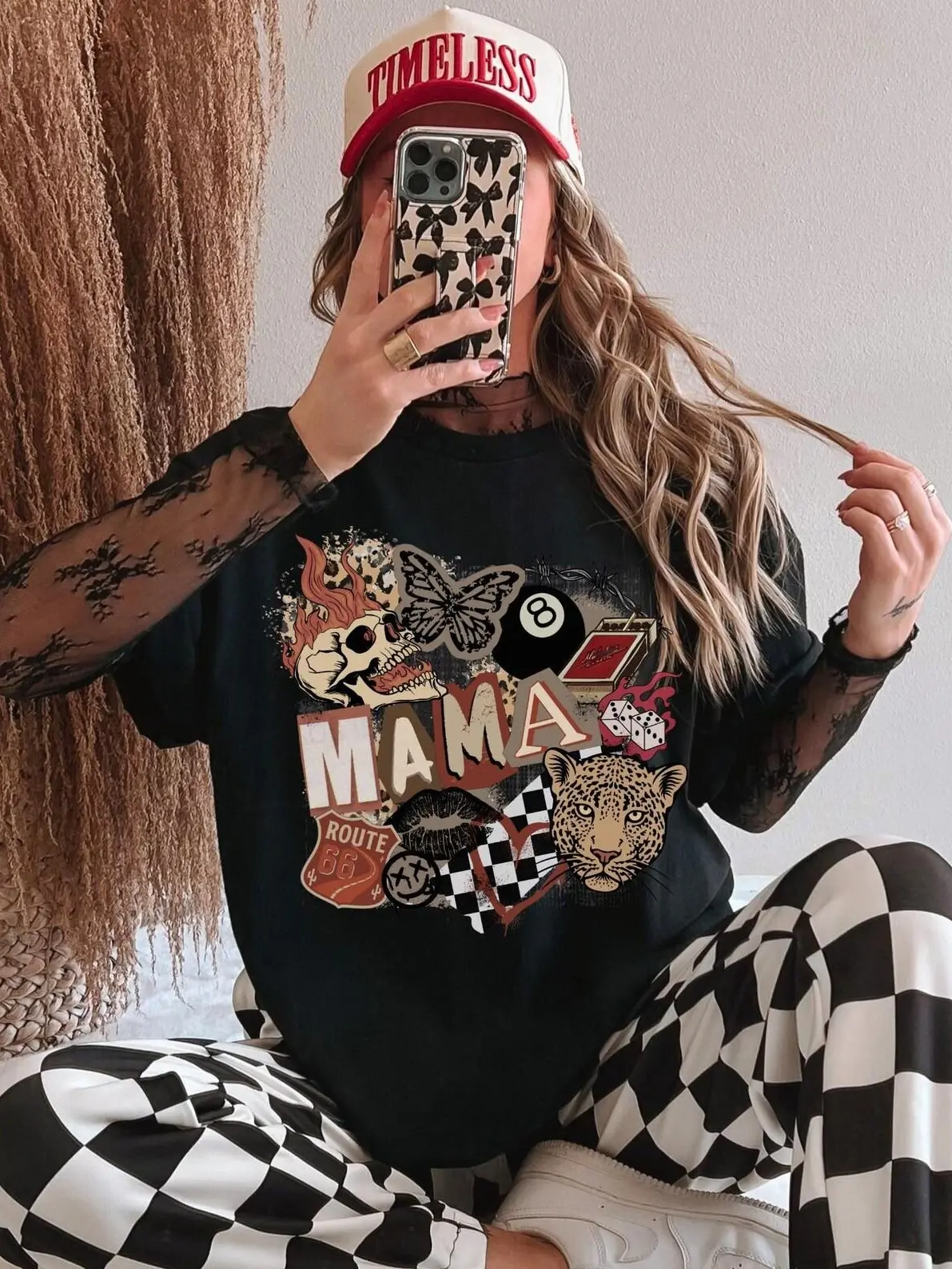 "Mom" Collage Graphic T-Shirt — Featuring vintage Western-style "Mom" lettering, cowgirl and slot machine motifs, and retro leopard print; a stylish Western-inspired tee