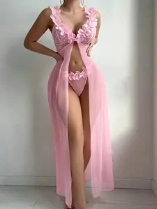 Sexy Lace Floral Patchwork Mesh Nightdress Set, Fitted, Includes 1 Dress & Panty, Elegant Sleepwear & Loungewear for Women, Comfortable & Stylish Design, Formal, Cozy, Versatile, Comfort, Wear, Style, Outfit