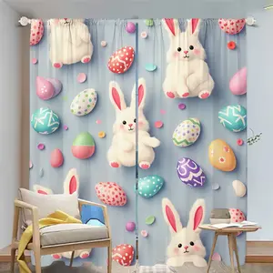 2Pcs Cute Cartoon Easter Bunny Print Curtains for Living Room Bedroom Kitchen, Window Treatment, Home Decor, Privacy Protection, Darkening, Decorative Drapes Translucent tube bag design