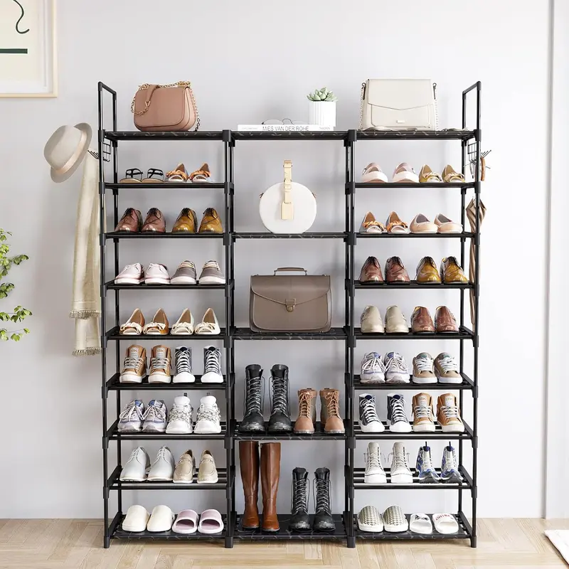 MOMOK 9 Tiers Shoe Rack Organizer,  Max Holds 55 Pairs, Metal Shoe Storage, Shelf with Hooks for Entryway, Garage, Black Footwear Organization Closet Shoe Rack