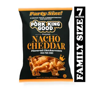 Pork King Good Nacho Cheddar Pork Rinds 7oz Party Size Bags High Quality Keto Friendly Snacks Made in USA 0 Carbs Per Serving