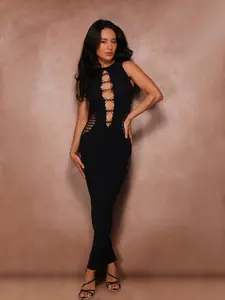 DNS WEAR TIFFANY Black Sleeveless Hollow Cut Maxi Dress for Women's Comfort Elegance Style Fit Nylon Spandex Basic Minimalist Womenwear
