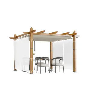 Garvee Retractable Canopy Pergola – Aluminum Patio Gazebo with Side Mesh, Wood Grain Finish, UV Resistant, for Backyard, Deck, Porch, Poolside – 10x10FT – Imitation Wood Grain Column, Offwhite