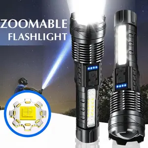 2-Pack USB Rechargeable Handheld LED Flashlights with COB Work Light, Red-Blue Strobe, 800mAh Lithium Battery, Push Button Control, Portable, Non-Detachable, Semi Flush Mount, Matte Finish - Emergency Light Fixtures for Camping, Fishing, Running, Hiking