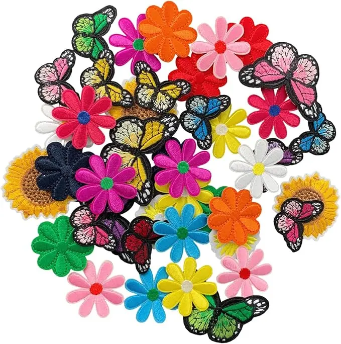 42 Pieces Colorful Flower Iron on Patch, Butterfly Embroidered Sew on/Iron on Patch Applique for Clothes, Dress, Hat, Jeans, DIY Accessories