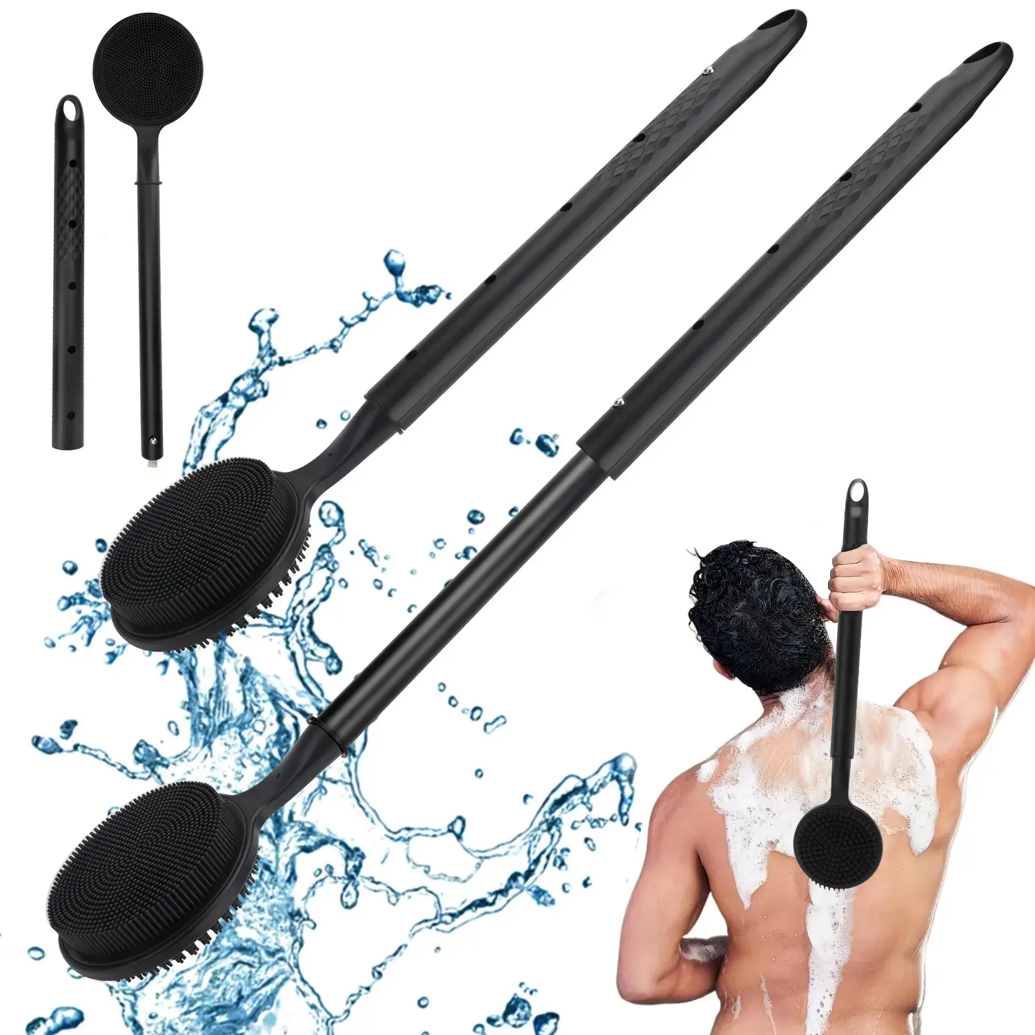 Adjustable Extendable Silicone Back Bath Brush, Dual Sided Long Handle Body Scrubber, Exfoliating Massage Shower Brush for Men Women Whole Body Bathroom Cleaning